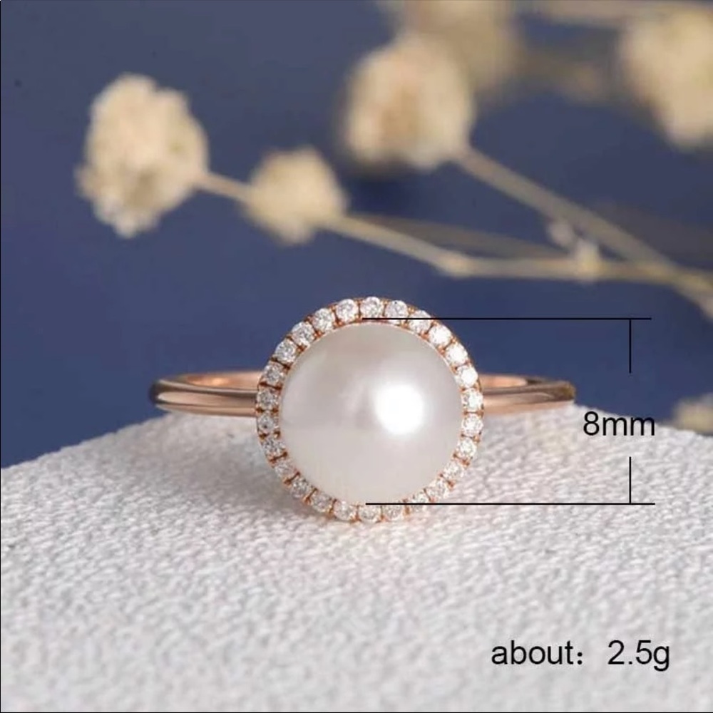 New Round Cut Rose Gold Pearl Diamond Ring - Picture 6 of 6